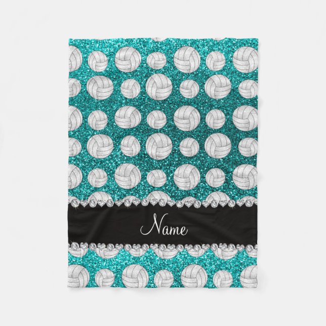 Custom name bright aqua glitter volleyballs fleece blanket (Front)