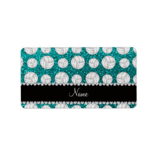 Custom name bright aqua glitter volleyballs label