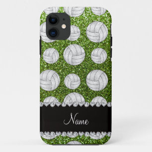 Custom name bright green glitter volleyballs iPhone 11 case