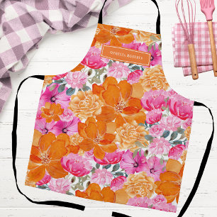 Custom Name Bright Orange Pink Floral Kitchen Apron
