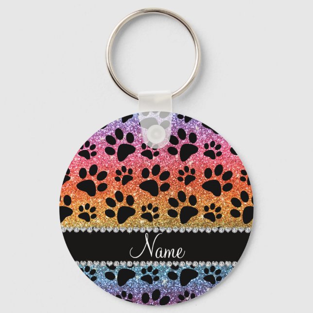 Custom name bright rainbow glitter black dog paws key ring (Front)