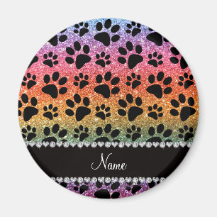 Custom name bright rainbow glitter black dog paws magnet