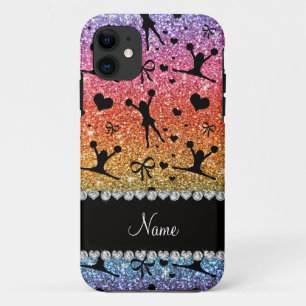 Custom name bright rainbow glitter cheerleading iPhone 11 case