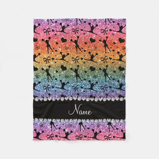 Custom name bright rainbow glitter cheerleading fleece blanket (Front)