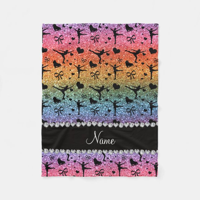 Custom name bright rainbow glitter figure skating fleece blanket (Front)