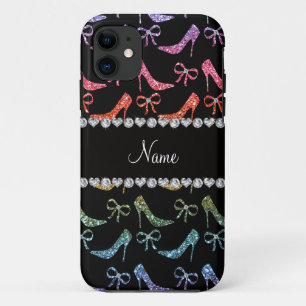 Custom name bright rainbow glitter high heels bow iPhone 11 case