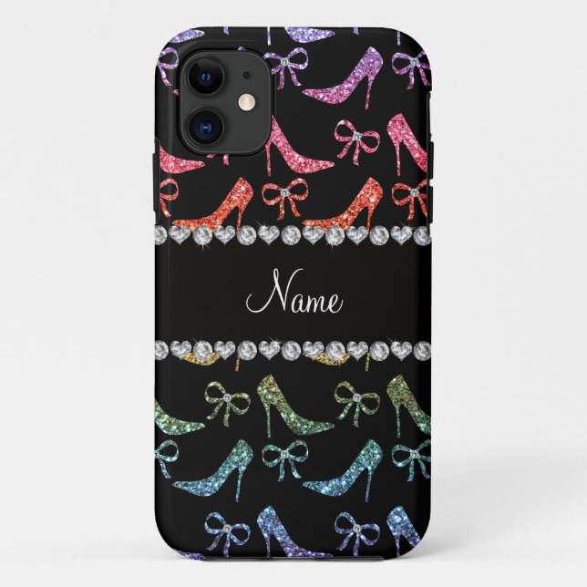 Custom name bright rainbow glitter high heels bow Case-Mate iPhone case (Back)