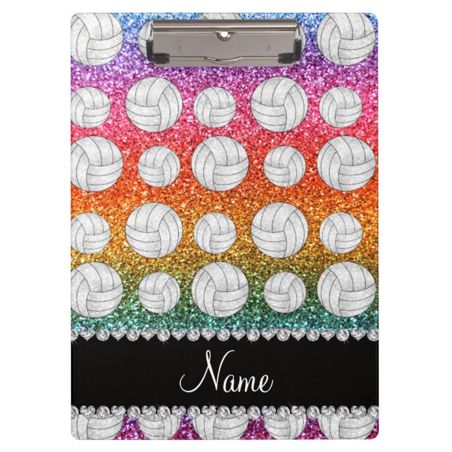 Custom name bright rainbow glitter volleyballs clipboard (Front)