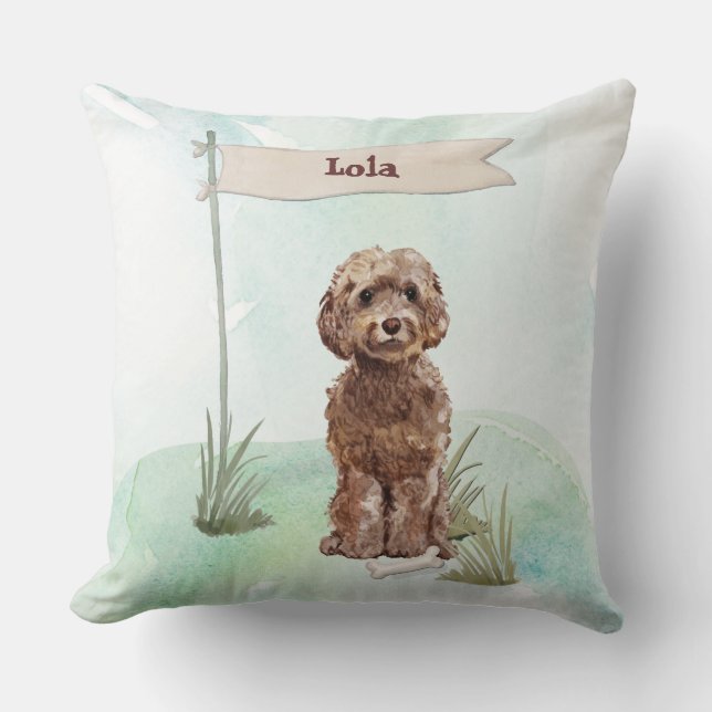 Custom Name Brown Cockapoo Pet Dog Cushion (Front)