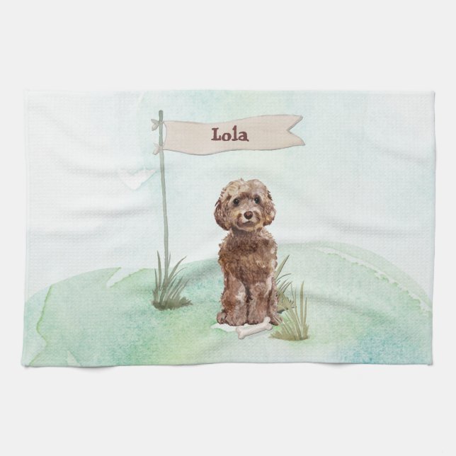Custom Name Brown Cockapoo Pet Dog Tea Towel (Horizontal)