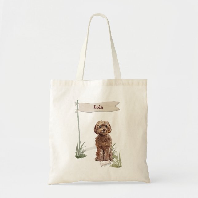 Custom Name Brown Cockapoo Pet Dog Tote Bag (Front)