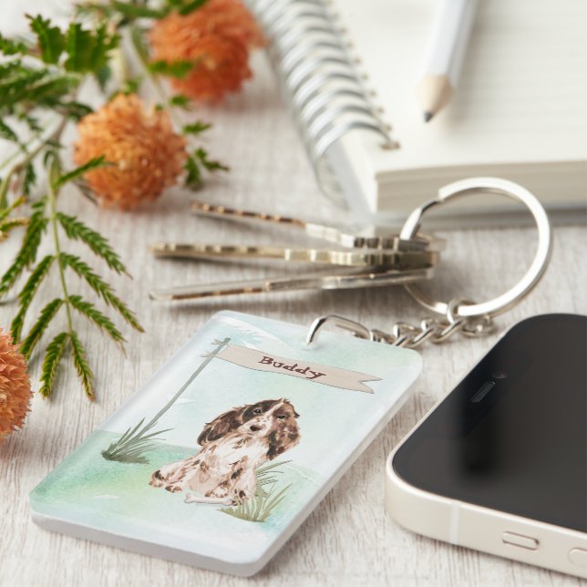 Custom Name Brown Cocker Spaniel Pet Dog Key Ring (Front Right)