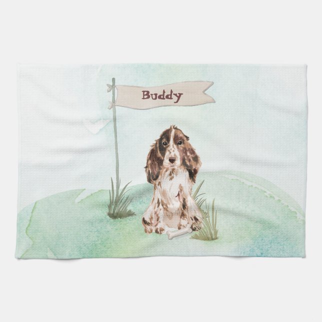 Custom Name Brown Cocker Spaniel Pet Dog Tea Towel (Horizontal)