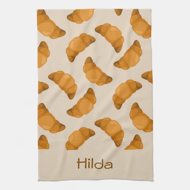 Custom name brown croissants pattern tea towel (Vertical)