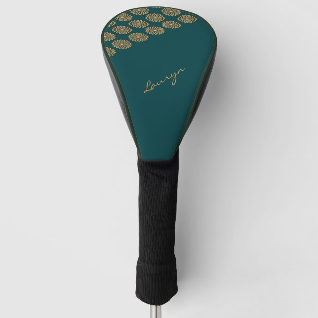 Custom name brown floral on pine green golf head cover (Front)