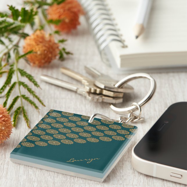 Custom name brown floral on pine green key ring (Front Right)