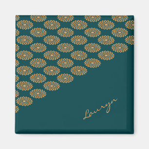 Custom name brown floral on pine green magnet