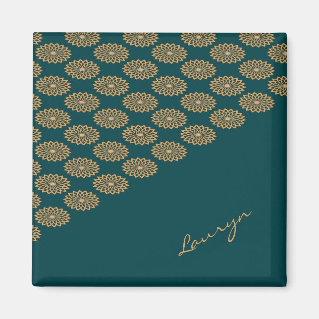 Custom name brown floral on pine green magnet (Front)
