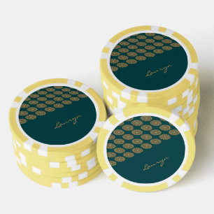 Custom name brown floral on pine green poker chips
