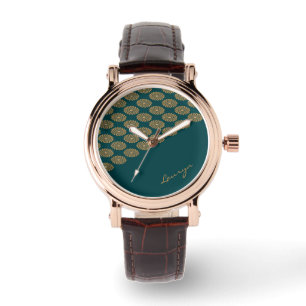Custom name brown floral on pine green watch