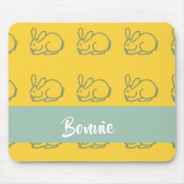 Custom name bunnies on yellow mouse mat (Front)