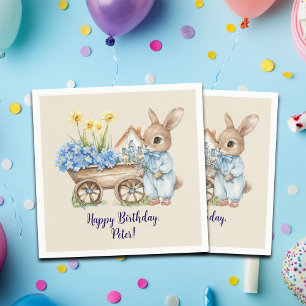 Custom Name Bunny with Blue Flowers Birthday Party Napkin
