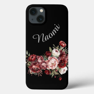 Custom Name Burgundy Flowers iPhone 13 Case