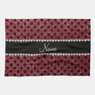 Custom name burgundy glitter black polka dots tea towel