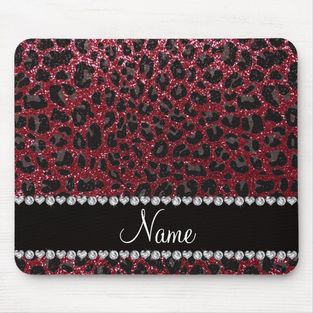 Custom name burgundy glitter leopard print mouse mat (Front)
