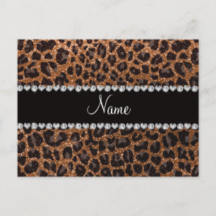 Custom name burnt gold glitter leopard print postcard