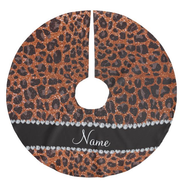 Custom name burnt orange glitter leopard print brushed polyester tree skirt (Front)