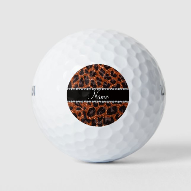 Custom name burnt orange glitter leopard print golf balls (Front)
