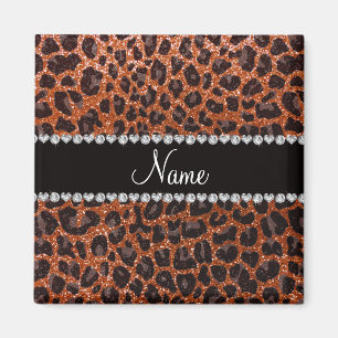 Custom name burnt orange glitter leopard print magnet