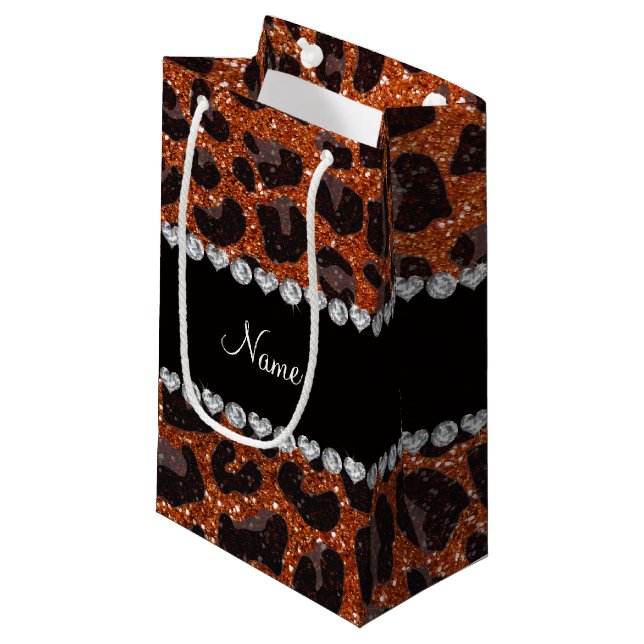 Custom name burnt orange glitter leopard print small gift bag (Front Angled)