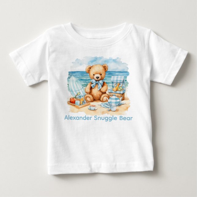 Custom Name Bute Beach Blue Teddy Bear Baby Shirt (Front)
