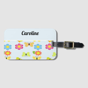 Custom name butterflies and flowers blue pattern luggage tag