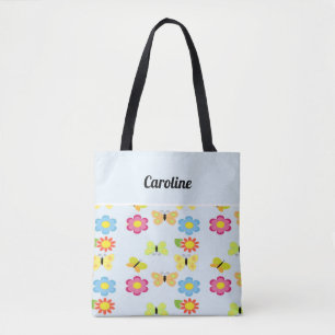 Custom name  butterflies and flowers blue pattern tote bag