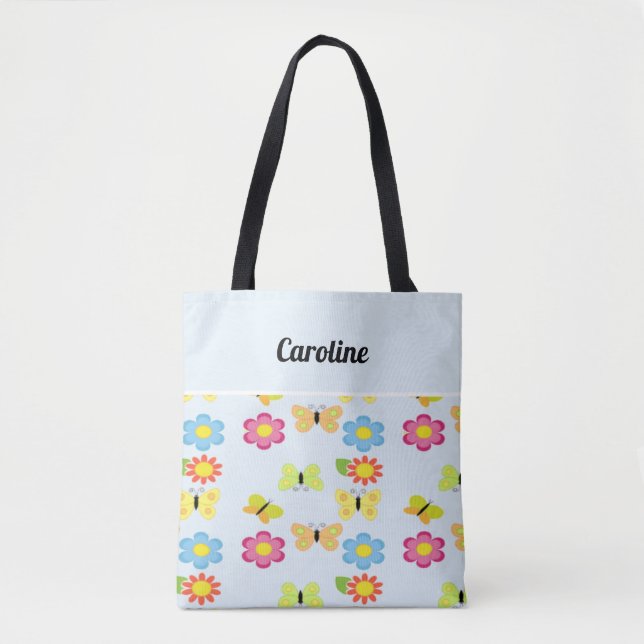 Custom name  butterflies and flowers blue pattern tote bag (Front)