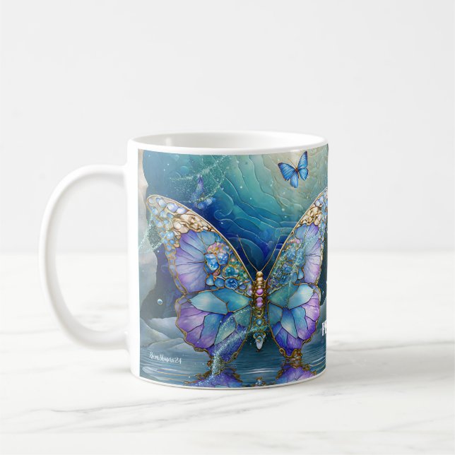 Custom Name Butterfly Blue Purple Gift for Her Tea Coffee Mug (Left)