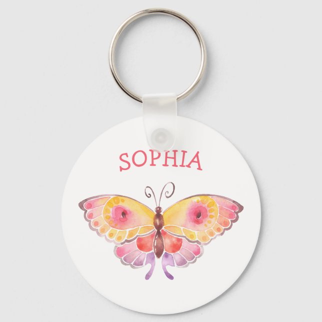 Custom Name Butterfly Kids Cute Pink Key Ring (Front)