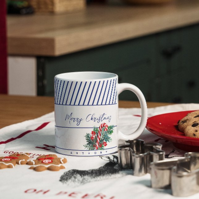 Custom Name | Candy Cane & Blue Stripes Christmas Coffee Mug (Creator Uploaded)