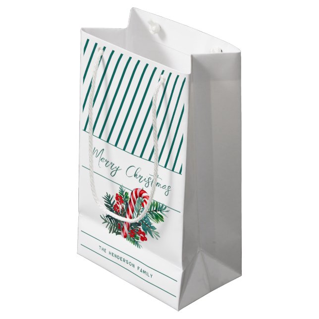 Custom Name | Candy Cane & Green Stripes Christmas Small Gift Bag (Front Angled)