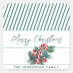Custom Name   Candy Cane & Greenery Christmas Square Sticker