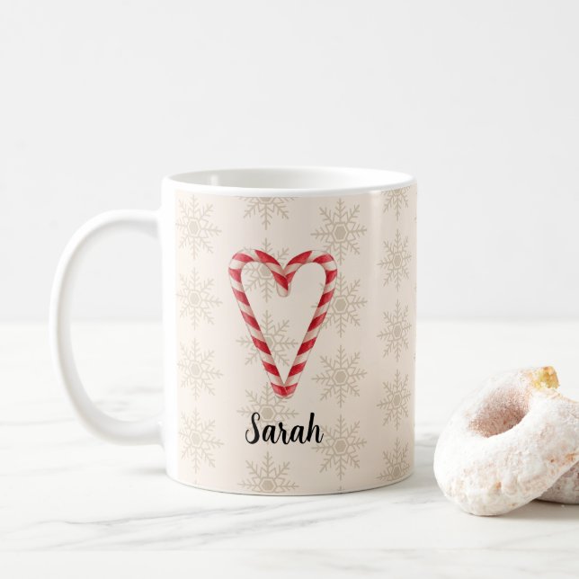 Custom Name Candy Cane Heart Snowflake Pattern Coffee Mug (With Donut)