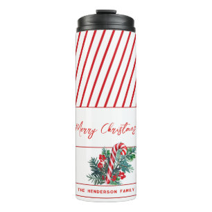 Custom Name   Candy Cane & Red Stripes Christmas Thermal Tumbler