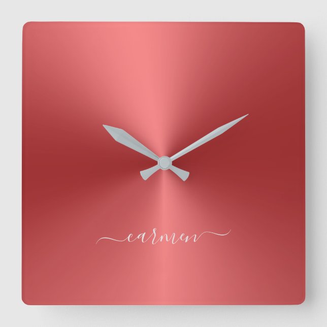 Custom Name Candy Red Metallic Style Acrylic Square Wall Clock (Front)