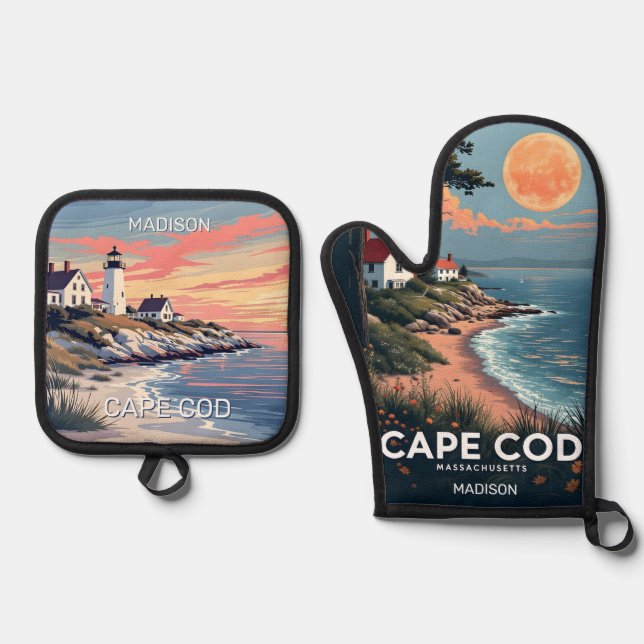 Custom Name Cape Cod Massachusetts Oven Mitt & Pot Holder Set (Front)