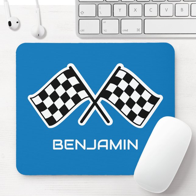 Custom Name Car Chequered Flag Blue Mouse Mat (Creator Uploaded)