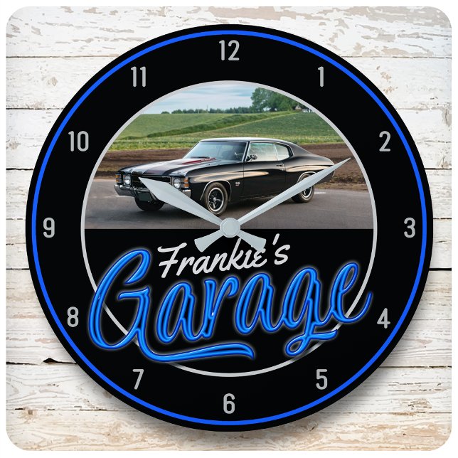 Custom NAME | CAR Photo Retro Neon Hot Rod Garage Large Clock (Creator Uploaded)
