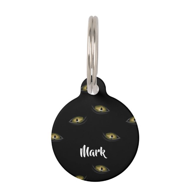 Custom name cat eyes on black pet tag (Front)